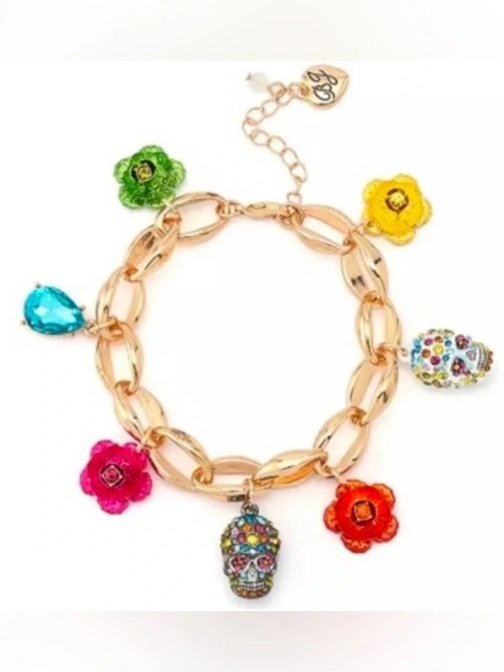 NWT Betsey Johnson Gold Tone Flower & Sugar Skull Charm Bracelet - Picture 4 of 6